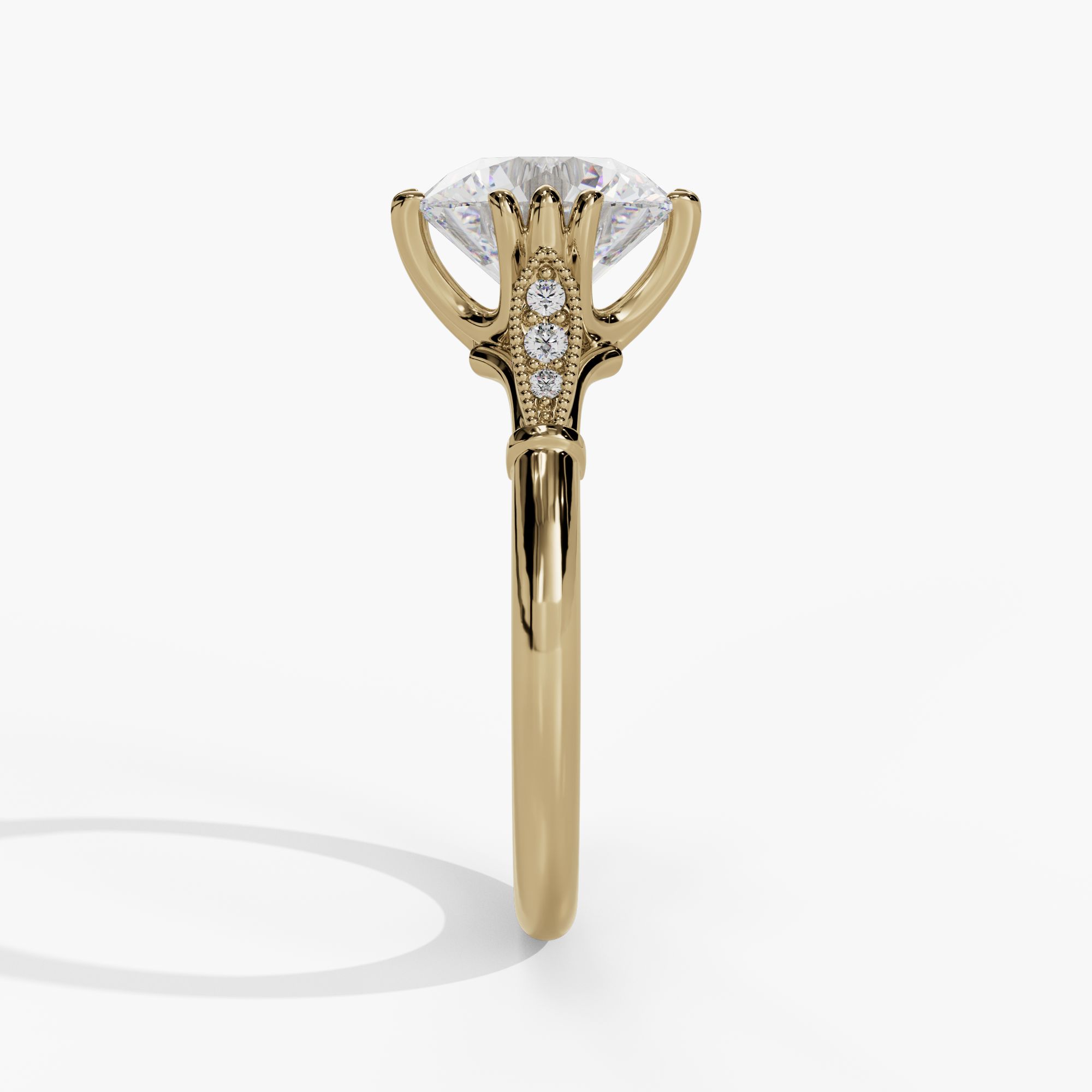 Round Engagement Ring Setting With Milgrain Natural Diamond Leaf Accents in 14k Yellow Gold — side view