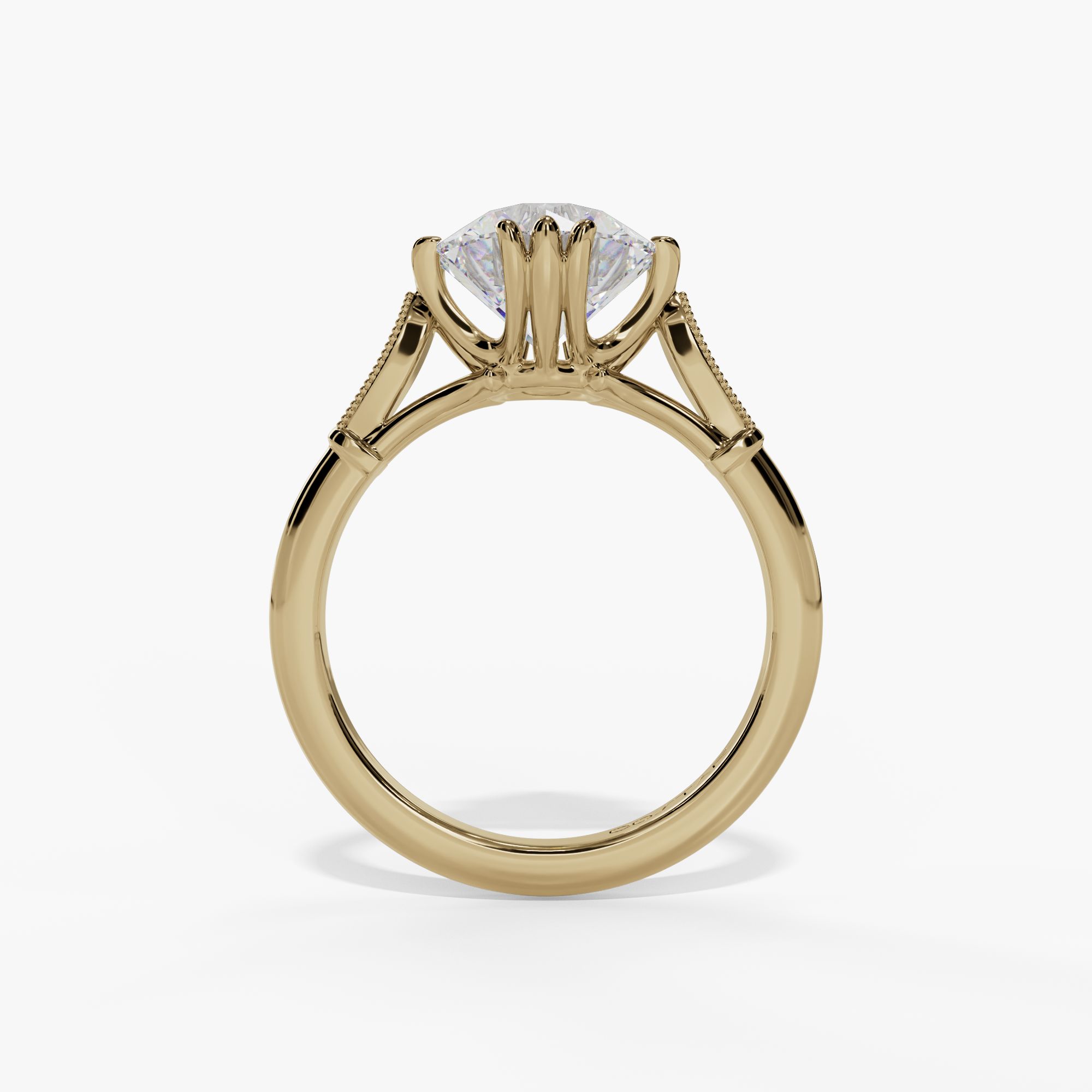 Round Engagement Ring Setting With Milgrain Natural Diamond Leaf Accents in 14k Yellow Gold — full ring view