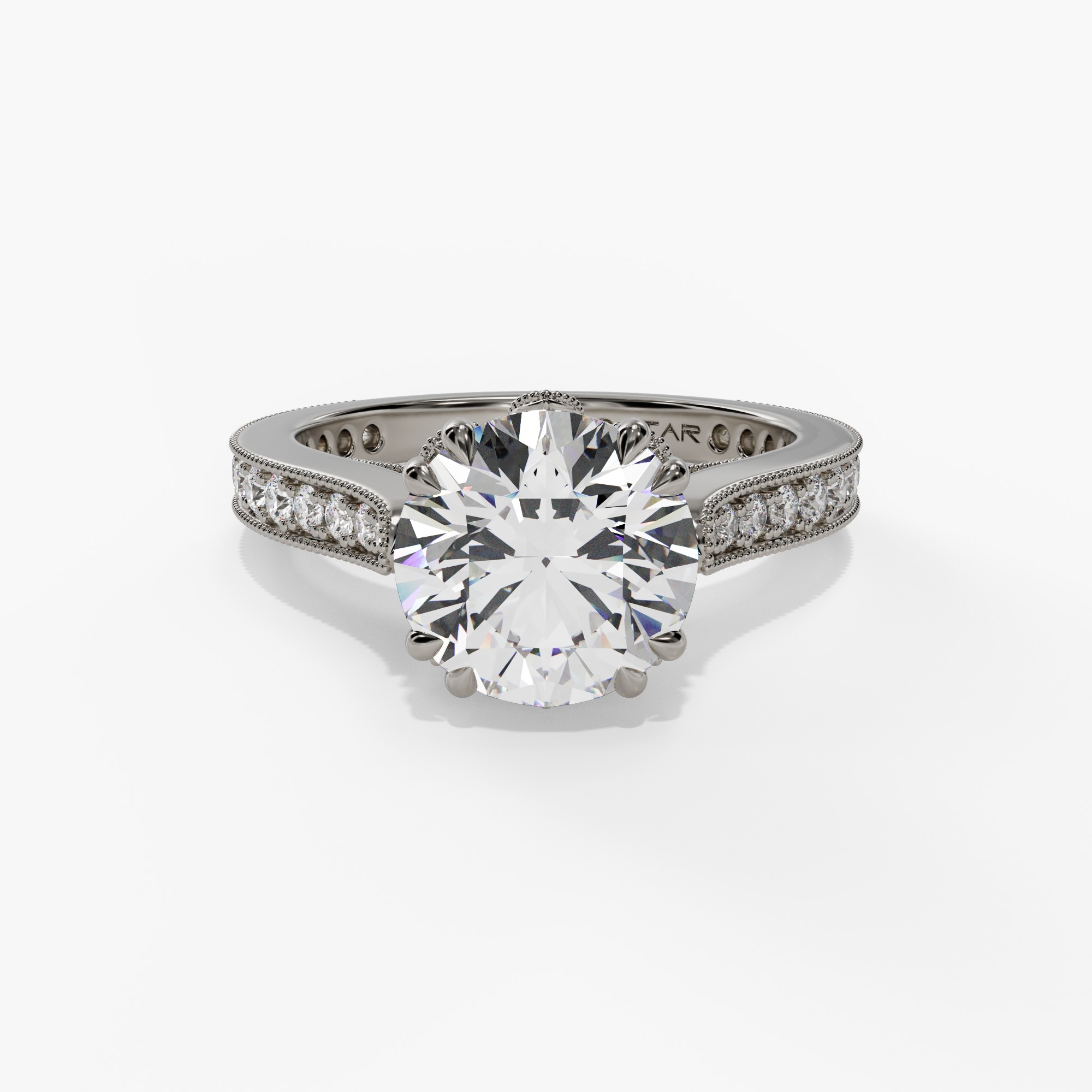 Round Engagement Ring Setting With Natural Diamond Petal Gallery, Bridge & Shank in 14k White Gold — front view