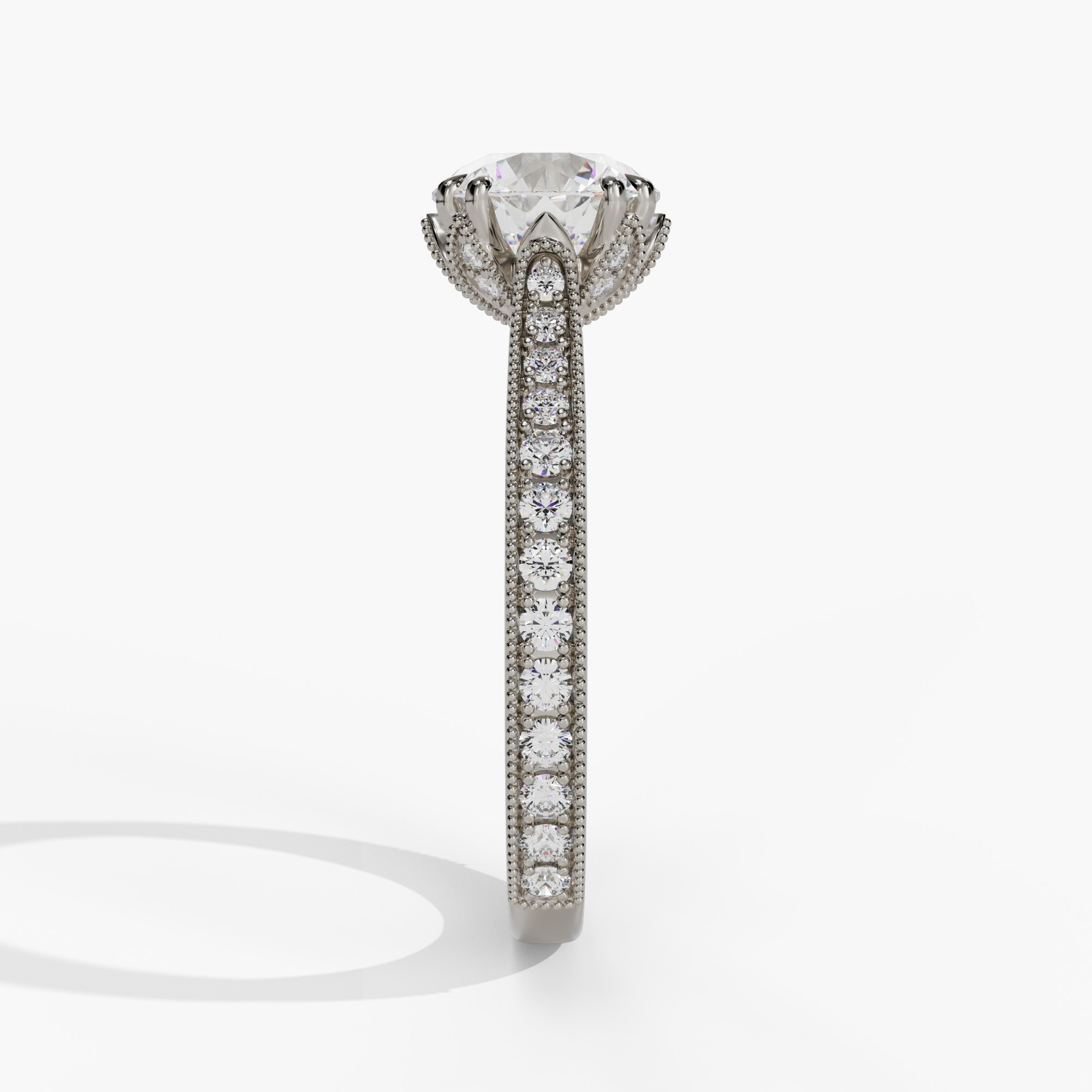 Round Engagement Ring Setting With Natural Diamond Petal Gallery, Bridge & Shank in 14k White Gold — side view