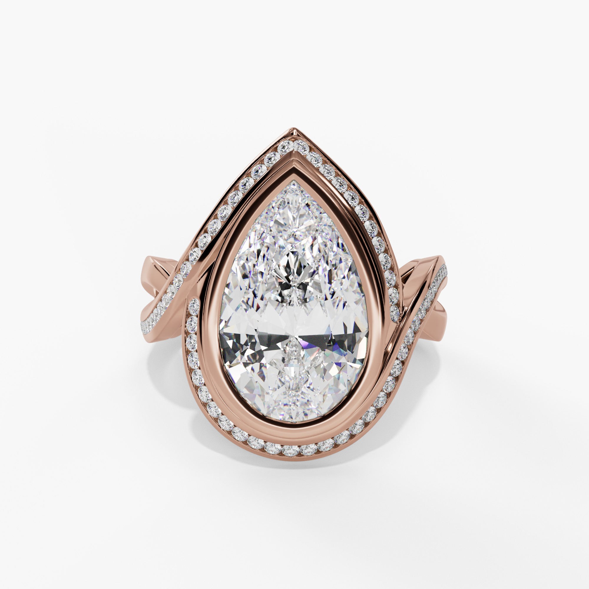Bezel-Set Pear-Shaped Engagement Ring Setting With Natural Diamond Halo & Split Diamond Shank