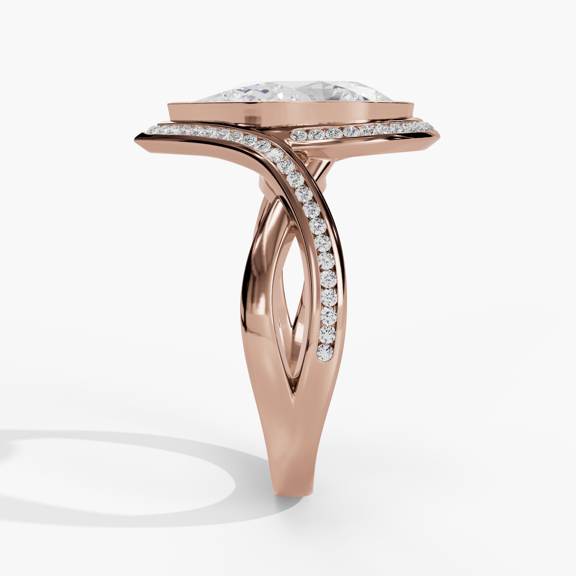 Bezel-Set Pear-Shaped Engagement Ring Setting With Natural Diamond Halo & Split Diamond Shank