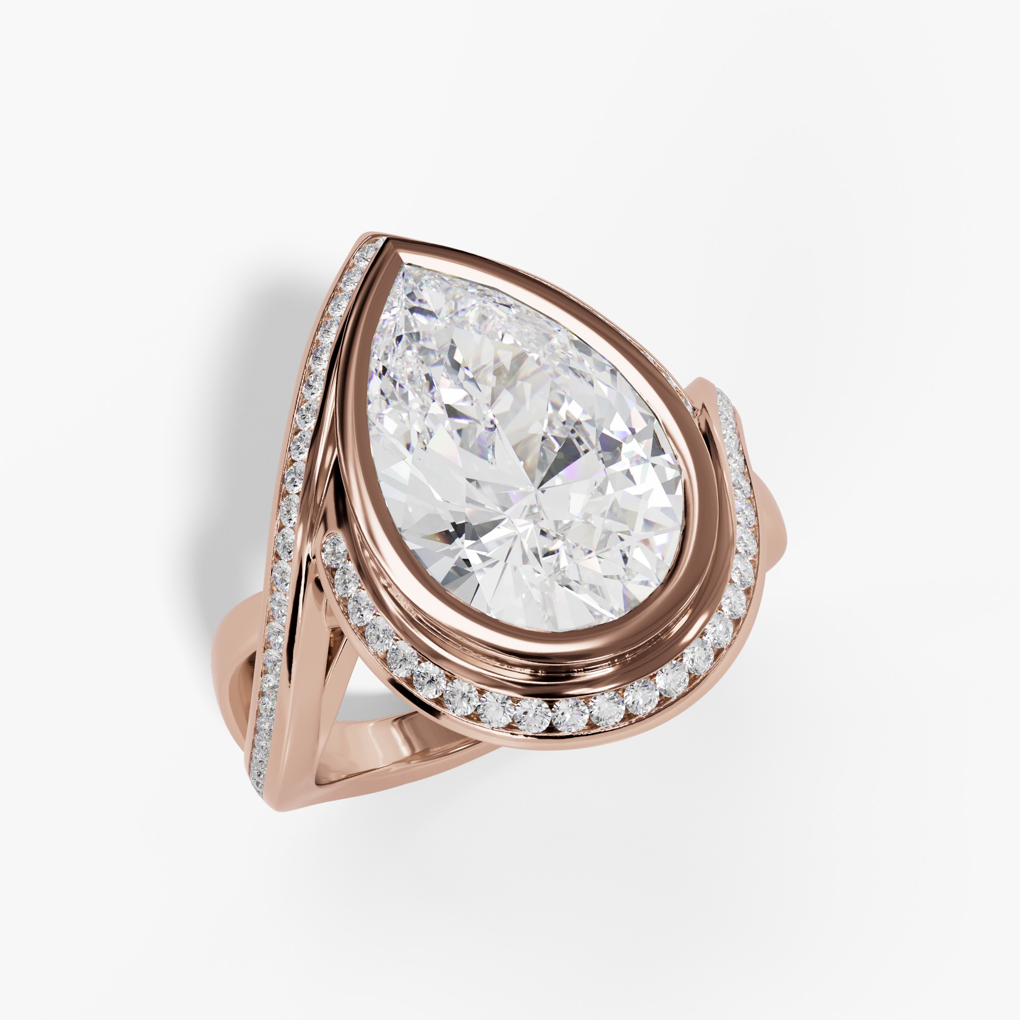 Bezel-Set Pear-Shaped Engagement Ring Setting With Natural Diamond Halo & Split Diamond Shank