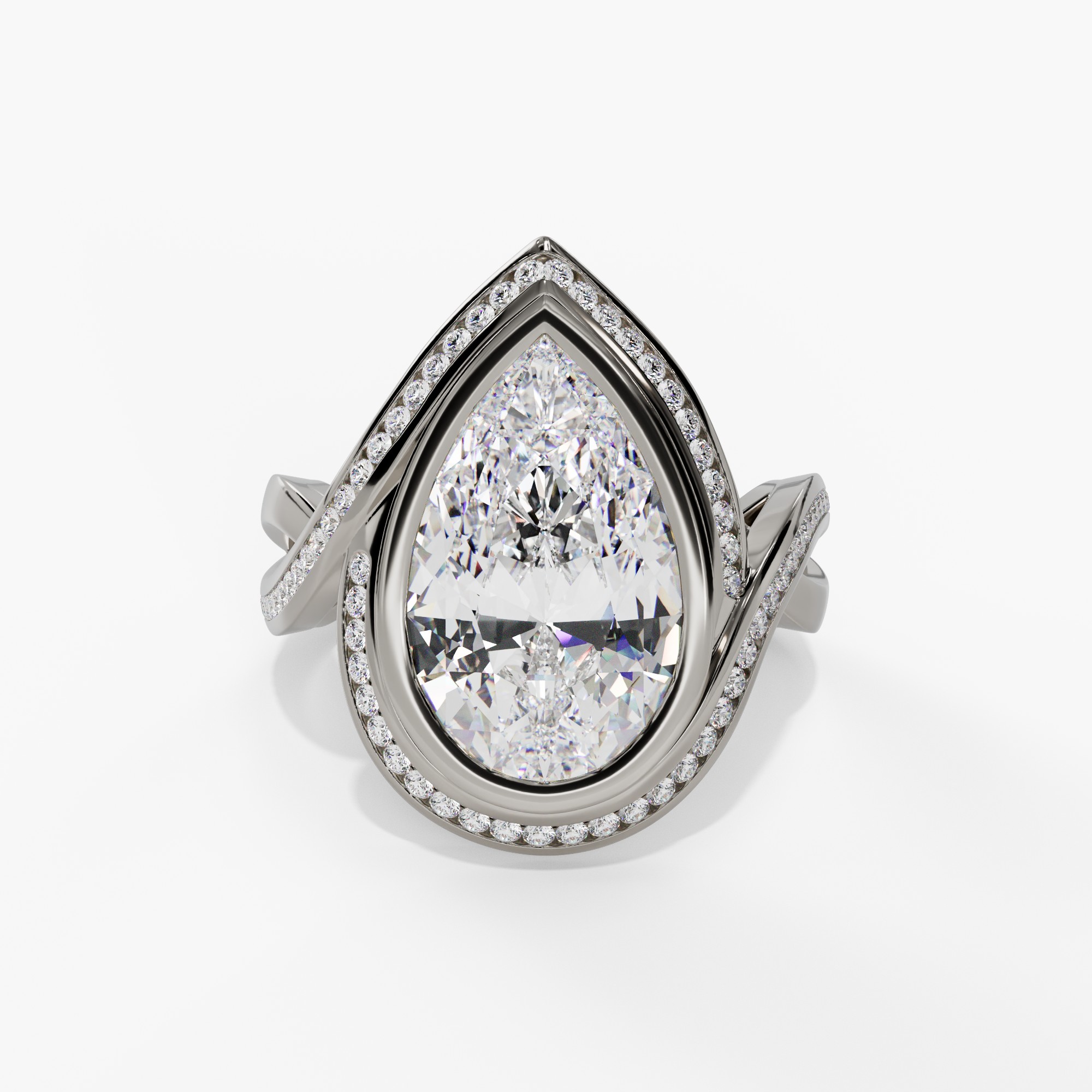 Bezel-Set Pear-Shaped Engagement Ring Setting With Natural Diamond Halo & Split Diamond Shank