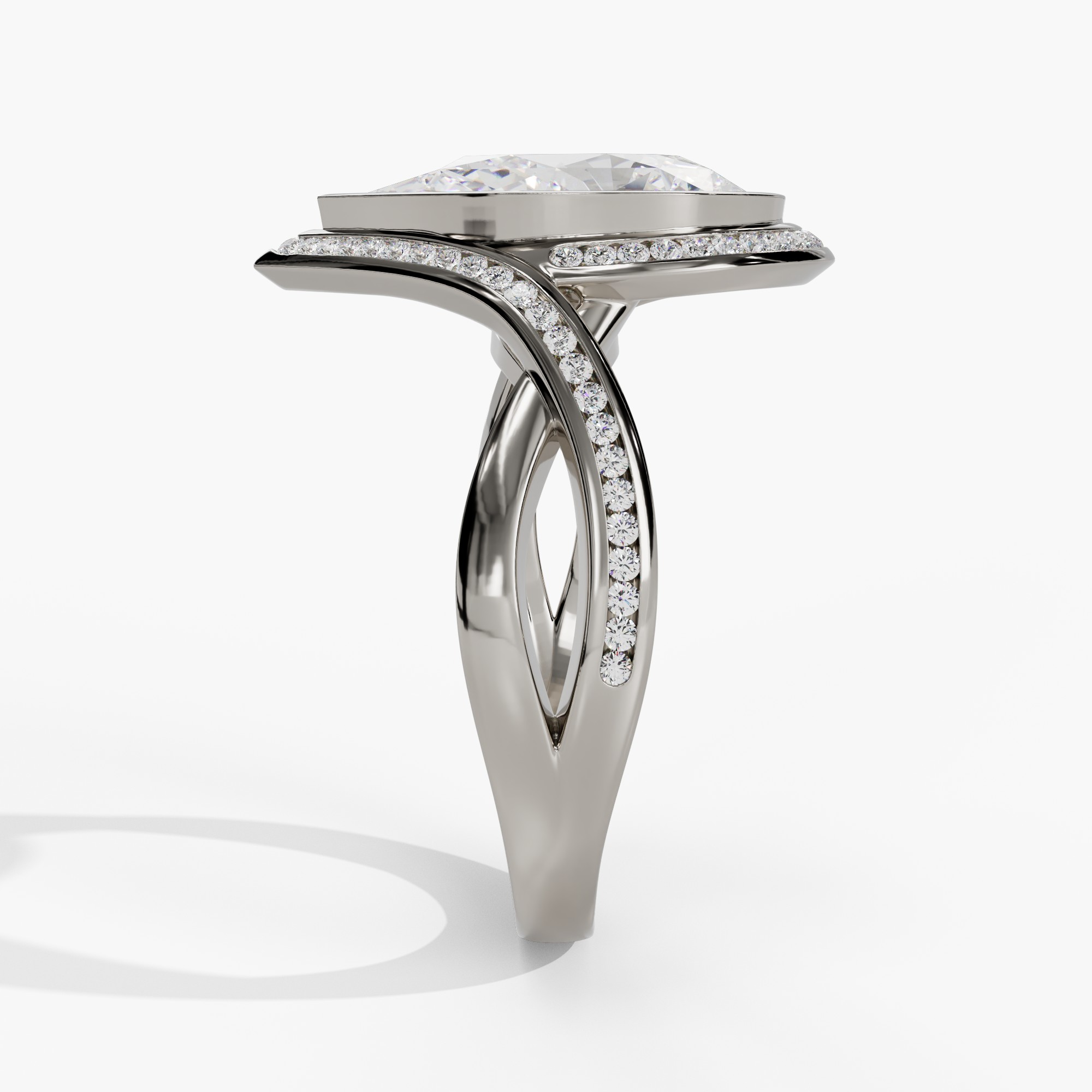 Bezel-Set Pear-Shaped Engagement Ring Setting With Natural Diamond Halo & Split Diamond Shank