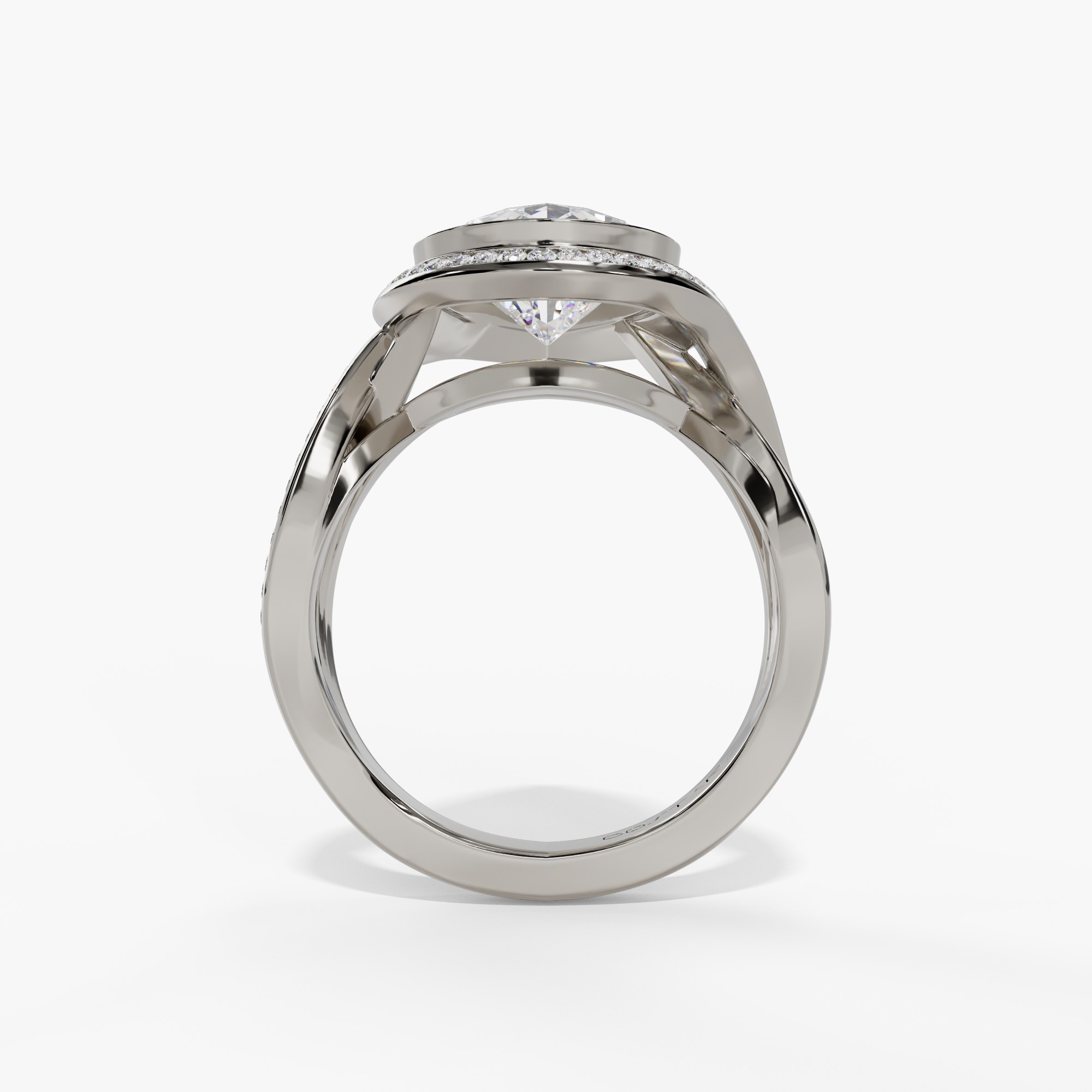 Bezel-Set Pear-Shaped Engagement Ring Setting With Natural Diamond Halo & Split Diamond Shank