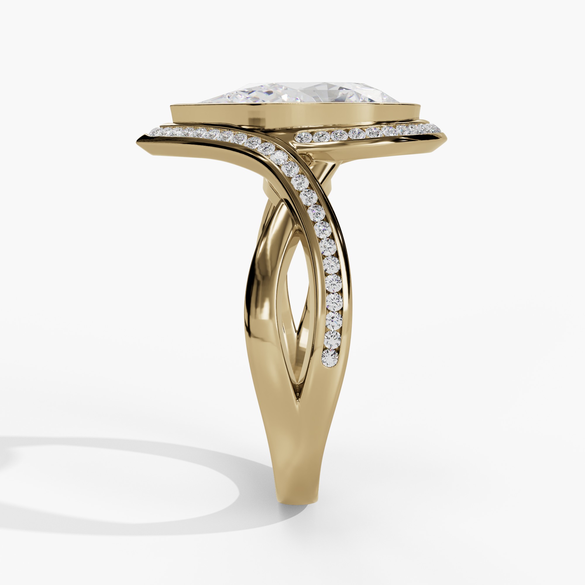 Bezel-Set Pear-Shaped Engagement Ring Setting With Natural Diamond Halo & Split Diamond Shank