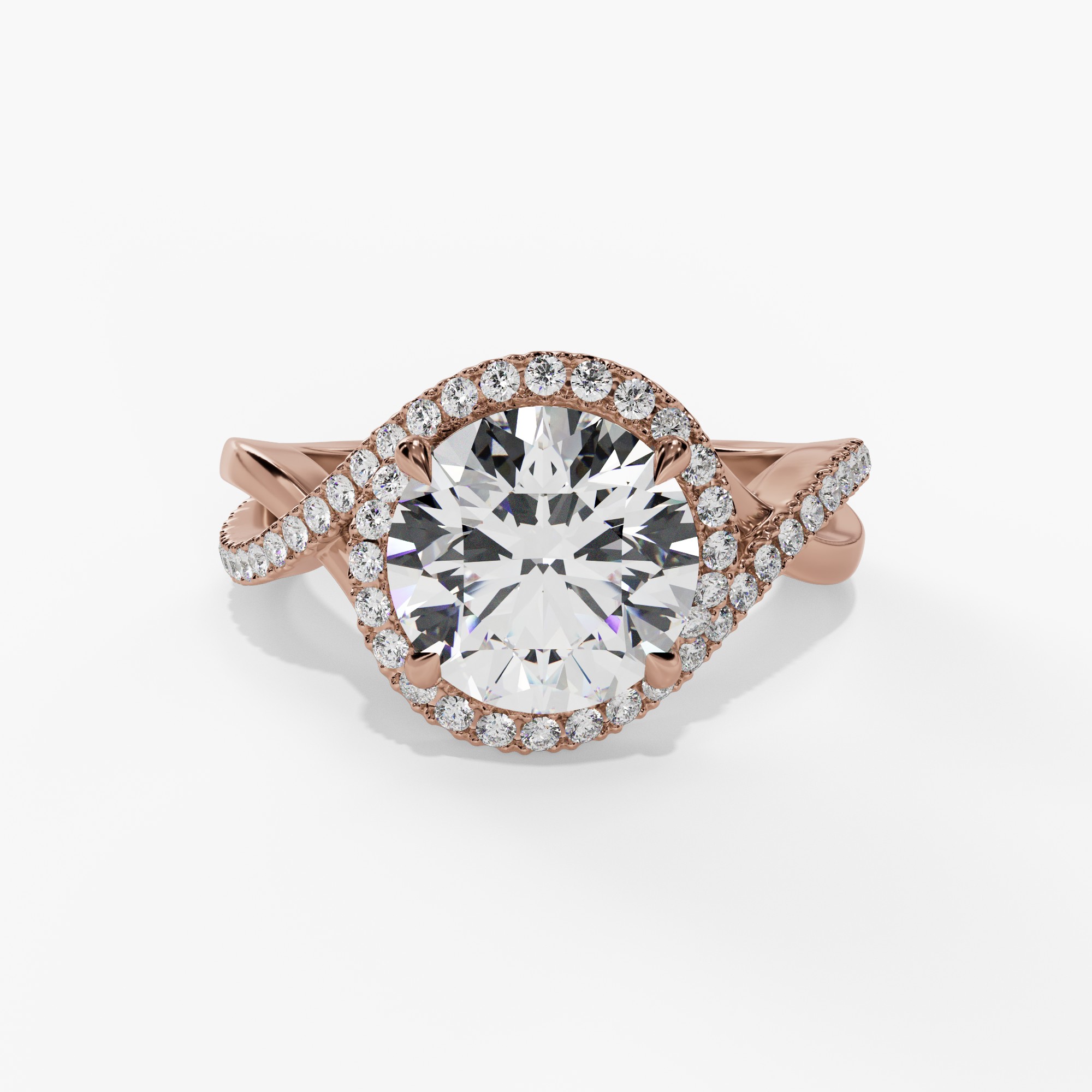 Halo Round Engagement Ring Setting With Twisted Natural Diamond Shank