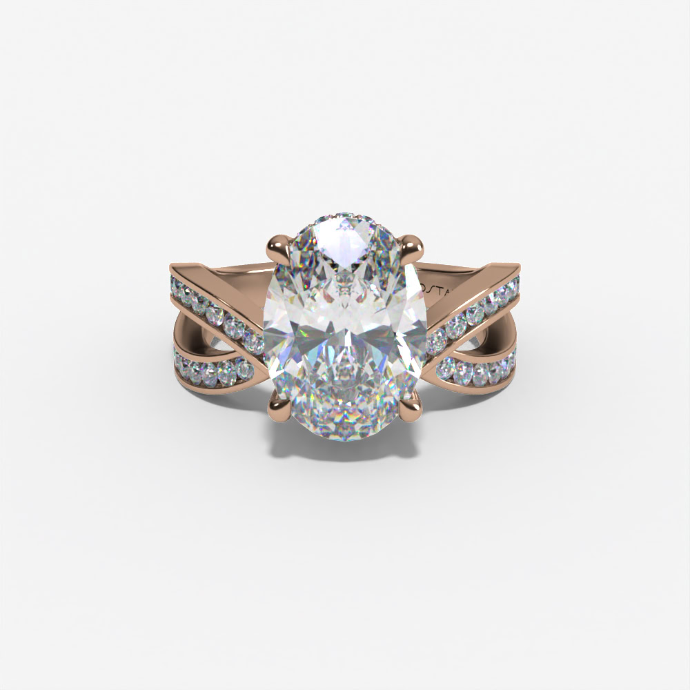 Hidden Halo Bypass Oval Engagement Ring Setting With Double-Row Natural Diamond Shank