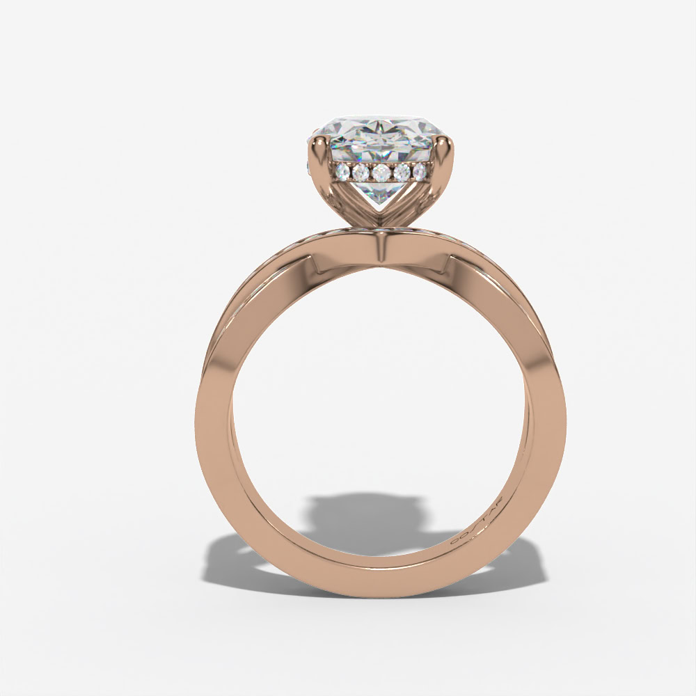 Hidden Halo Bypass Oval Engagement Ring Setting With Double-Row Natural Diamond Shank