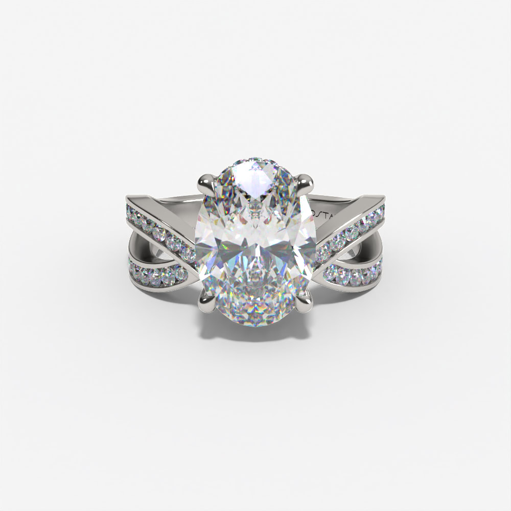 Hidden Halo Bypass Oval Engagement Ring Setting With Double-Row Natural Diamond Shank