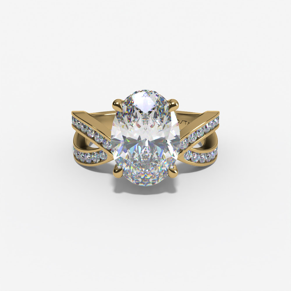Hidden Halo Bypass Oval Engagement Ring Setting With Double-Row Natural Diamond Shank