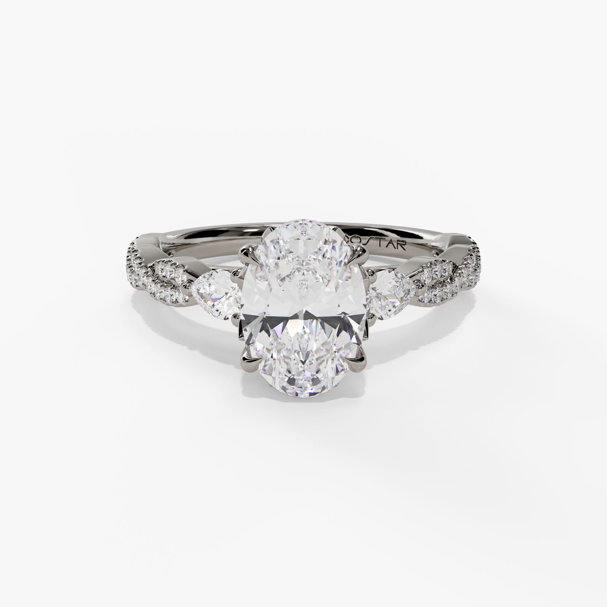 Three-Stone Oval Engagement Ring Setting With Pear-Shaped Natural Diamond Side Stones & Twisted Diamond Shank