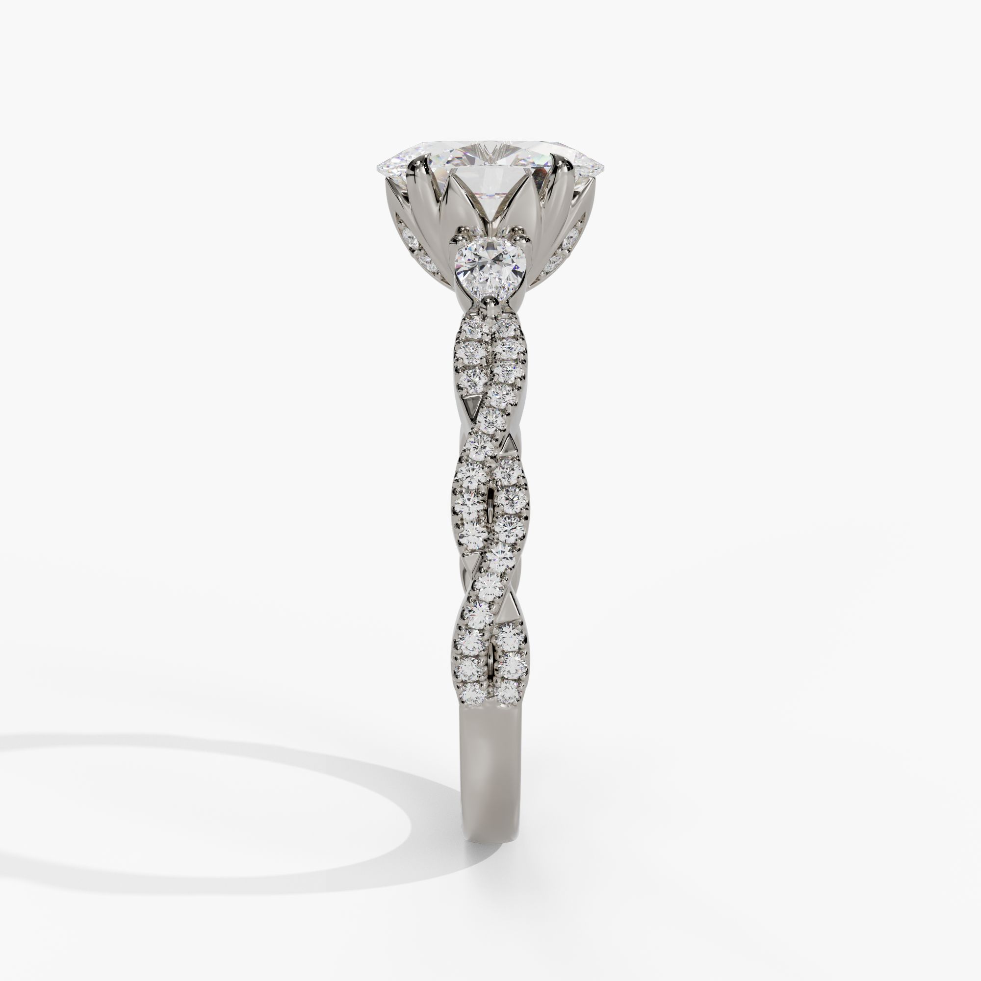 Three-Stone Oval Engagement Ring Setting With Pear-Shaped Natural Diamond Side Stones & Twisted Diamond Shank